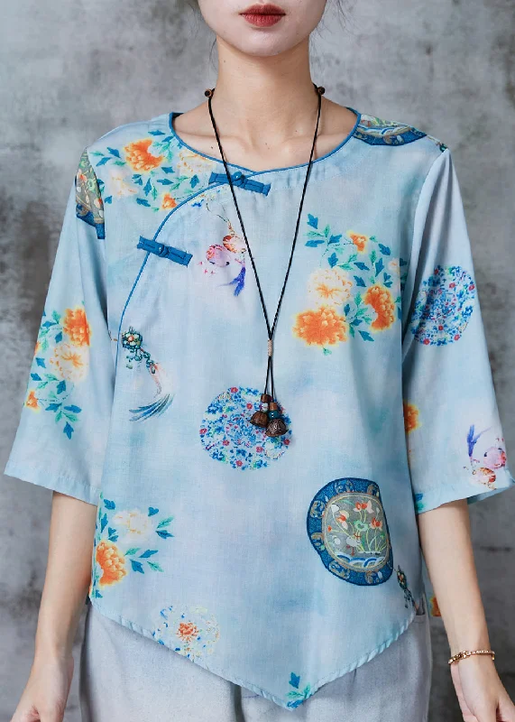 Cotton ShirtsArt Blue Asymmetrical Print Linen Oriental Shirts Summer