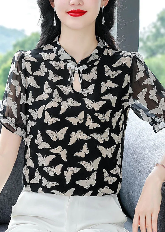 Graphic ShirtsBeautiful Black Stand Collar Print Chiffon Shirts Summer