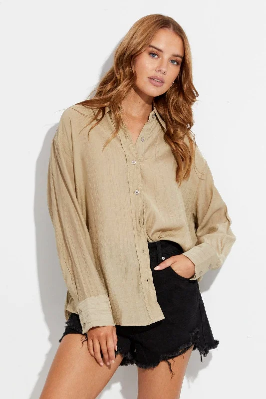 Statement ShirtsBeige Textured Shirt Long Sleeve Collared