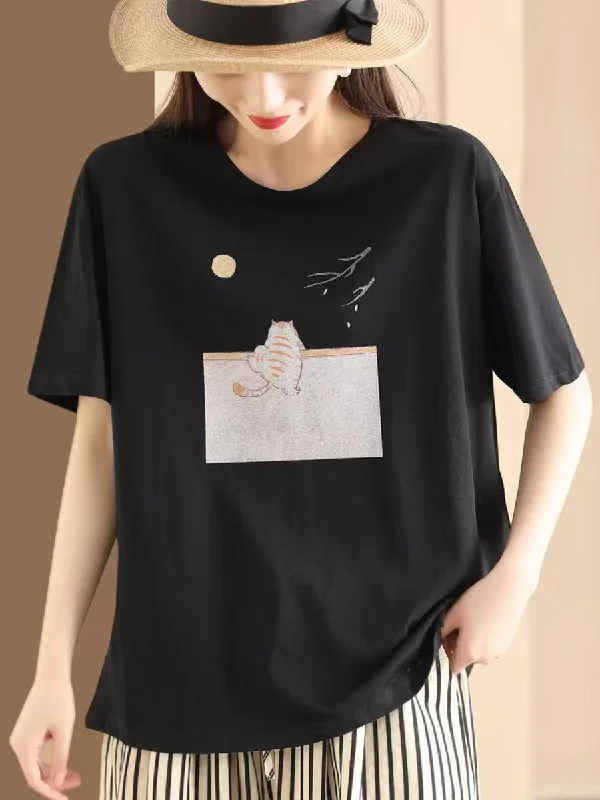 Striped ShirtsBlack Cat Casual Print Loose Cotton Shirt