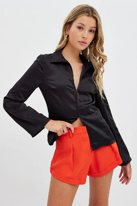 Work ShirtsBlack Shirt Long Sleeve Collared Hook & Eye Satin Crepe