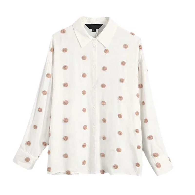 Hooded ShirtsBlouse Shirt Women Embroidery Dot Top Turn Down