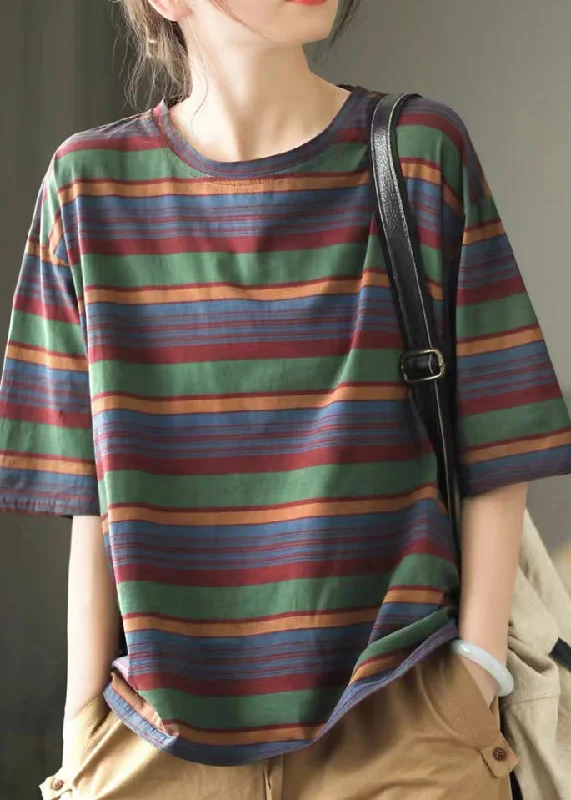 Fitted ShirtsCasual Versatile Red O Neck Striped Cotton T Shirts Summer