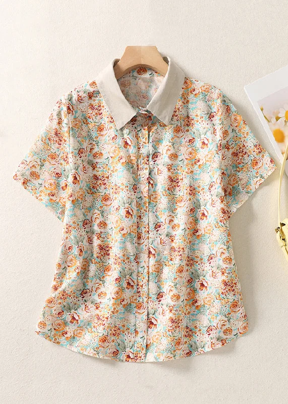 Slim Fit ShirtsChic Orange Peter Pan Collar Print Cotton Shirt Summer