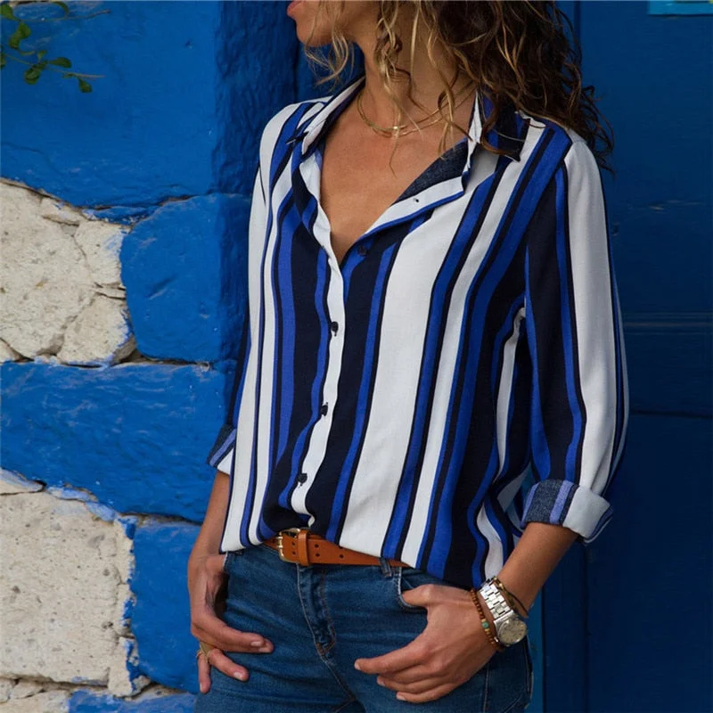 Asymmetrical ShirtsChiffon Blouse Women Long Sleeve Striped Shirt