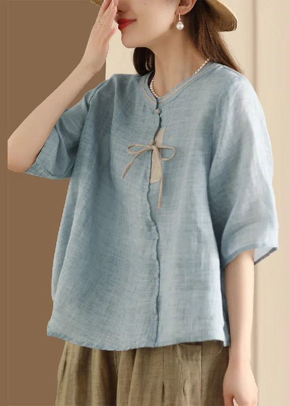 Skateboard ShirtsChinese Style Blue Stand Collar Button Linen Shirt Top Summer