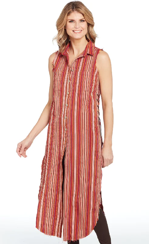 Retro ShirtsCowgirl Up Womens Red Multi Polyester Striped Duster Western Shirt S/L