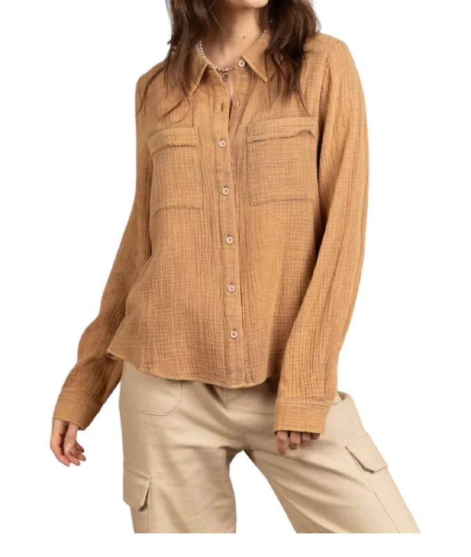 Zippered ShirtsCrinkle Gauze Button Down Shirt In Mocha