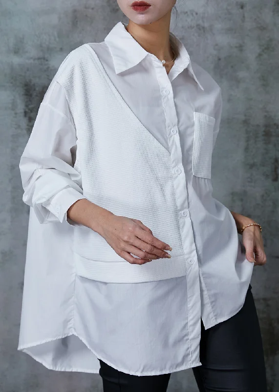 Pocket ShirtsDIY White Asymmetrical Patchwork Cotton Fake Two Piece Shirt Tops Spring