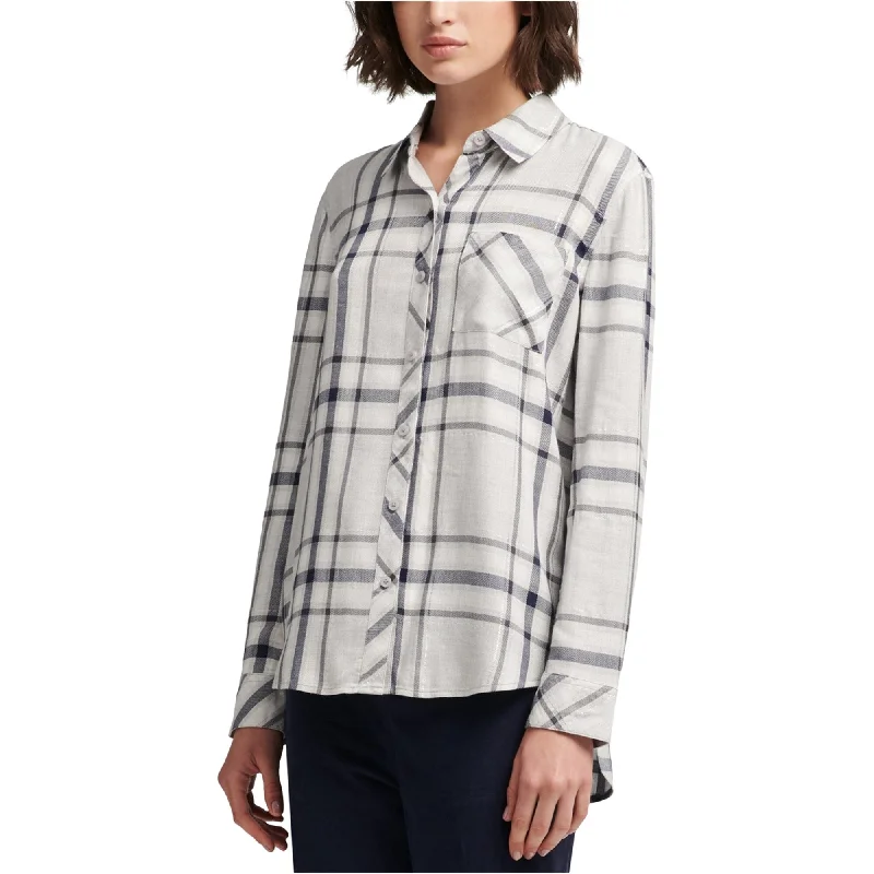 Running ShirtsDKNY Womens Plaid Button Up Shirt, Grey, Large