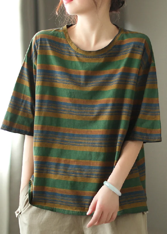 Glitter ShirtsGreen Striped Loose Cozy Cotton T Shirts O Neck Half Sleeve