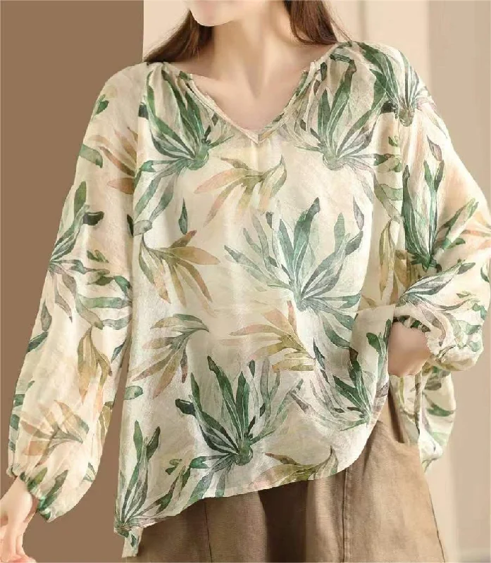 Retro ShirtsGreen Summer Linen Retro Floral Printed Shirt