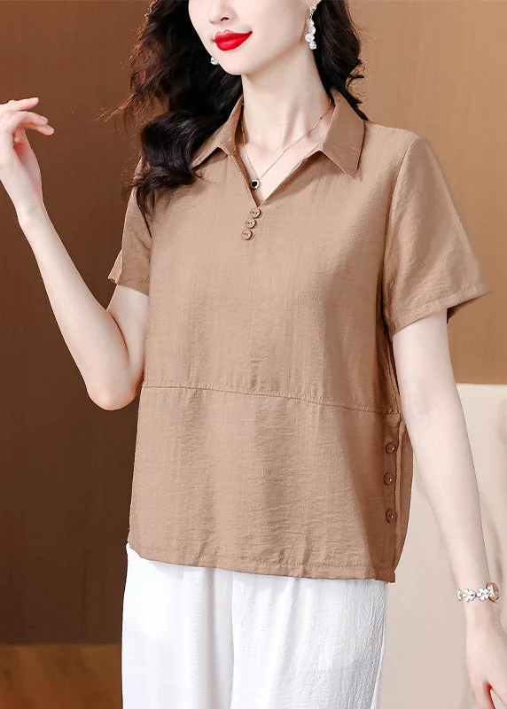 Relaxed Fit ShirtsKhaki Versatile Cotton Shirt Top Peter Pan Collar Summer