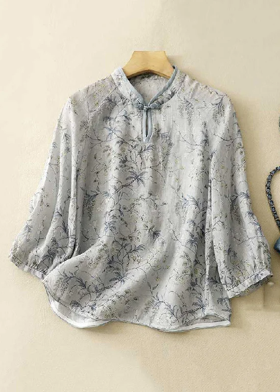 Linen ShirtsLoose Grey Stand Collar Button Print Cotton Shirt Bracelet Sleeve