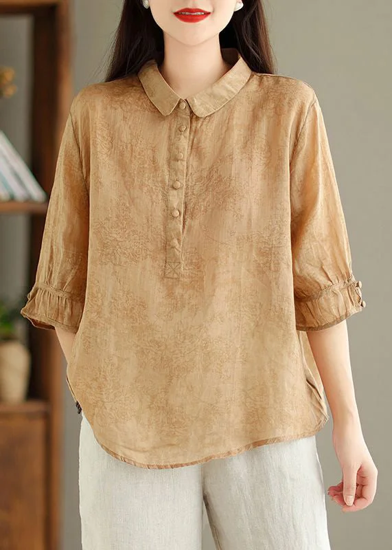 Luxury ShirtsNew Khaki Solid Button Print Linen Shirt Summer