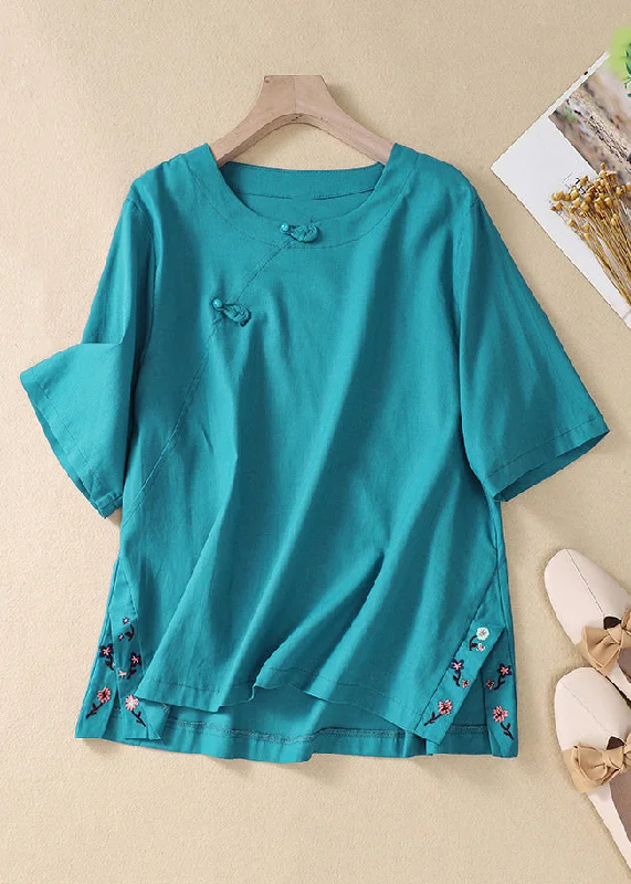 Metallic ShirtsNew Peacock Blue Embroidered Side Open Cotton T Shirt Summer