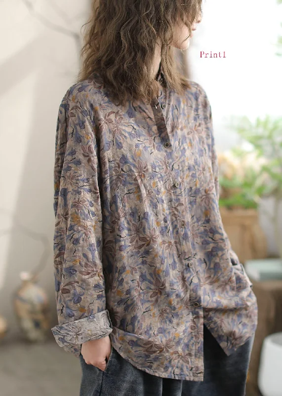 Velvet ShirtsNew Versatile Floral Print Peter Pan Collar Cotton Shirt Long Sleeves