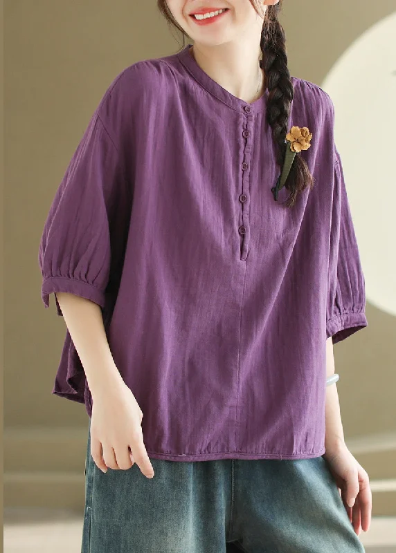 Ribbed Cuff ShirtsOrganic Purple O Neck Button Cotton T Shirt Tops Half Sleeve