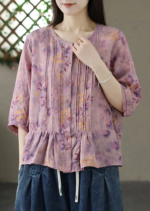 Yoga ShirtsOrganic Purple O-Neck Print Wrinkled Linen Shirt Summer