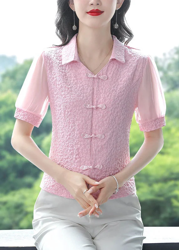 High-Fashion ShirtsPink Chiffon Shirts Tops Peter Pan Collar Chinese Button Summer