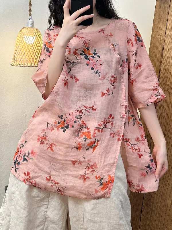 Pocket ShirtsPink Vintage Flower Split Hem Ramie Shirt Half Sleeve