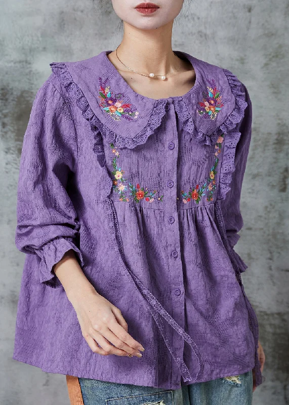 Printed ShirtsPurple Patchwork Lace Cotton Shirt Top Embroidered Spring