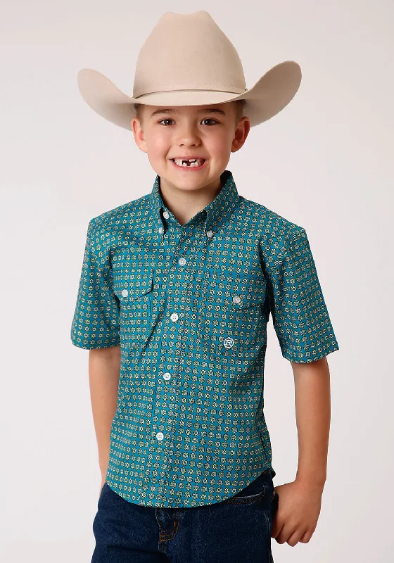 Ribbed Cuff ShirtsRoper Boys Teal 100% Cotton Foulard S/S Button Shirt