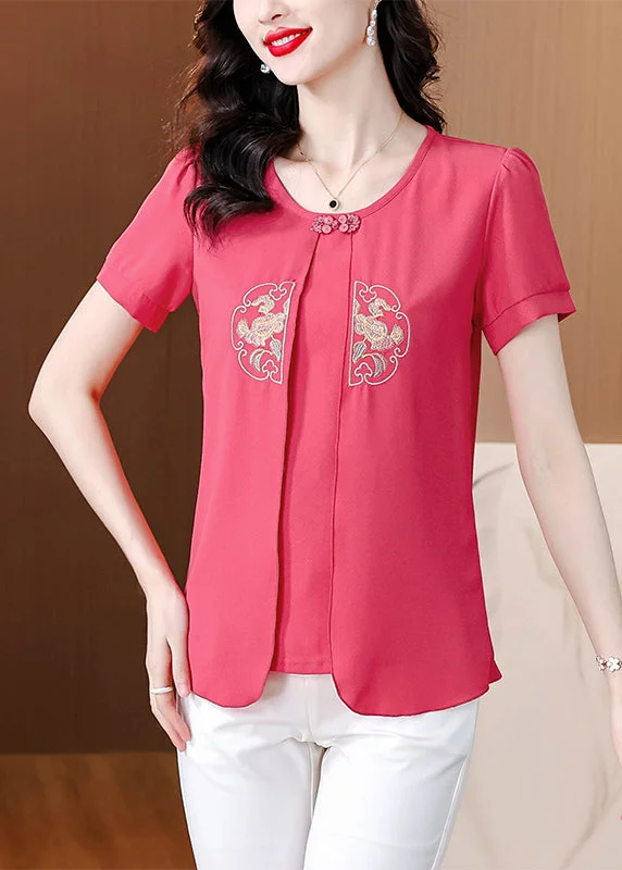 Leather-Paneled ShirtsRose Patchwork Chiffon Shirts Embroidered False Two Pieces Summer