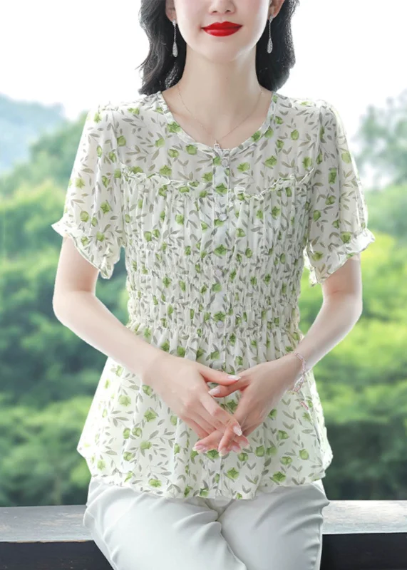 Running ShirtsStylish Green O-Neck Ruffled Print Chiffon Shirts Summer