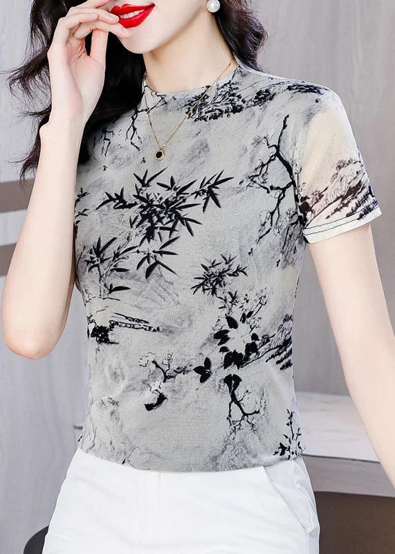 Slim Fit ShirtsSummer New Half High Collar Print Tulle T Shirt Top