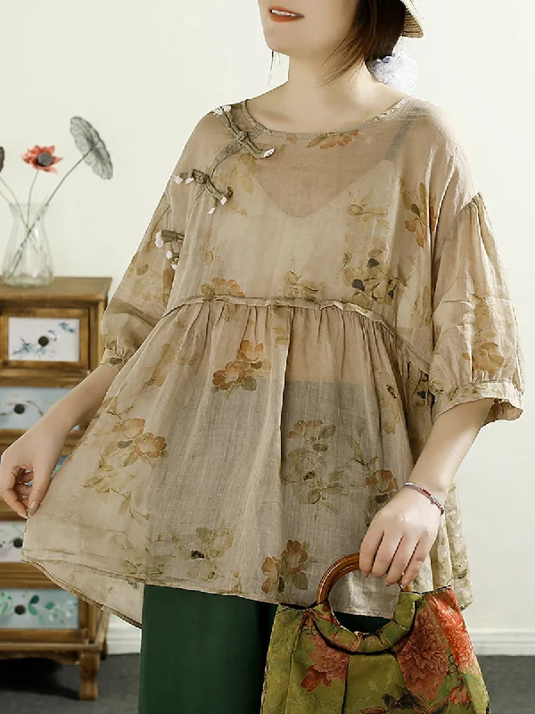 Hemp ShirtsSummer Vintage Floral Spliced Ramie Shirt Half Sleeve