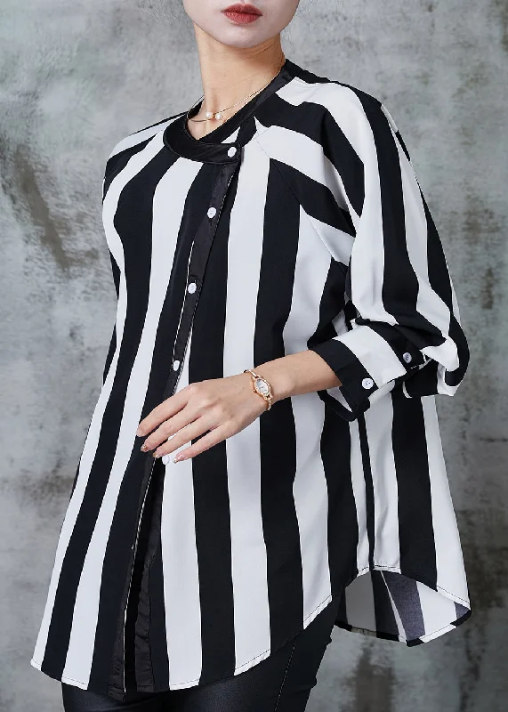 Streetwear ShirtsUnique Black Asymmetrical Striped Chiffon Shirt Spring