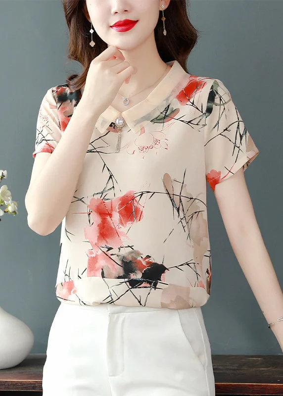 Linen ShirtsUnique Red Peter Pan Collar Print Chiffon Shirt Tops Summer