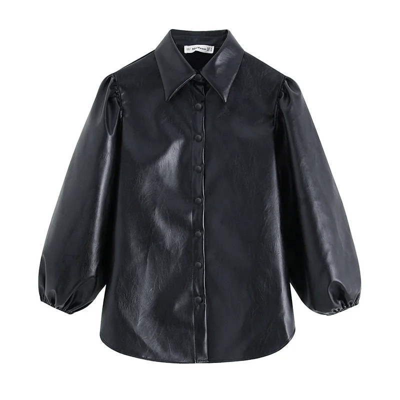 UV-Protection ShirtsVintage Black PU Faux Leather Blouse Shirt Women