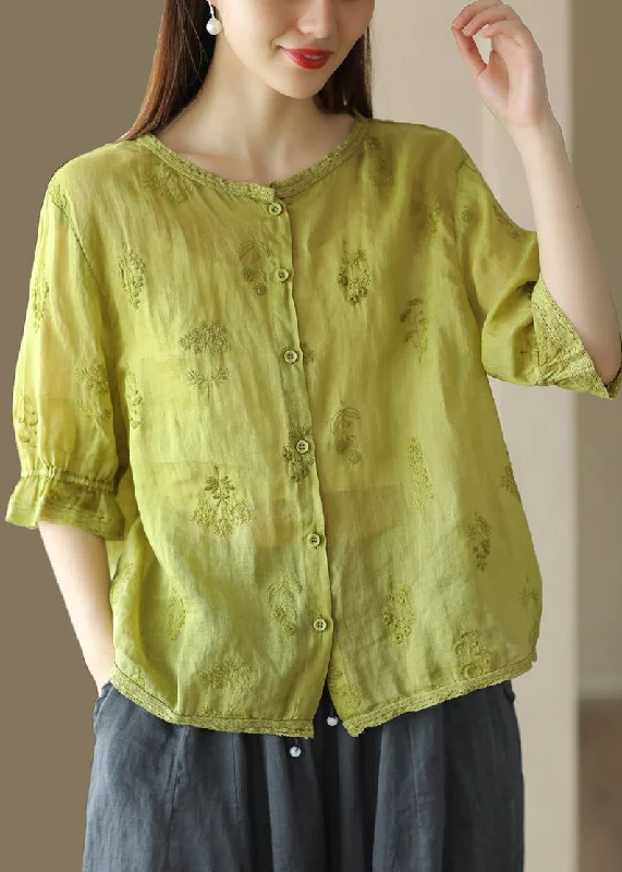 UV-Protection ShirtsVintage Green O Neck Embroidered Linen Shirt Summer