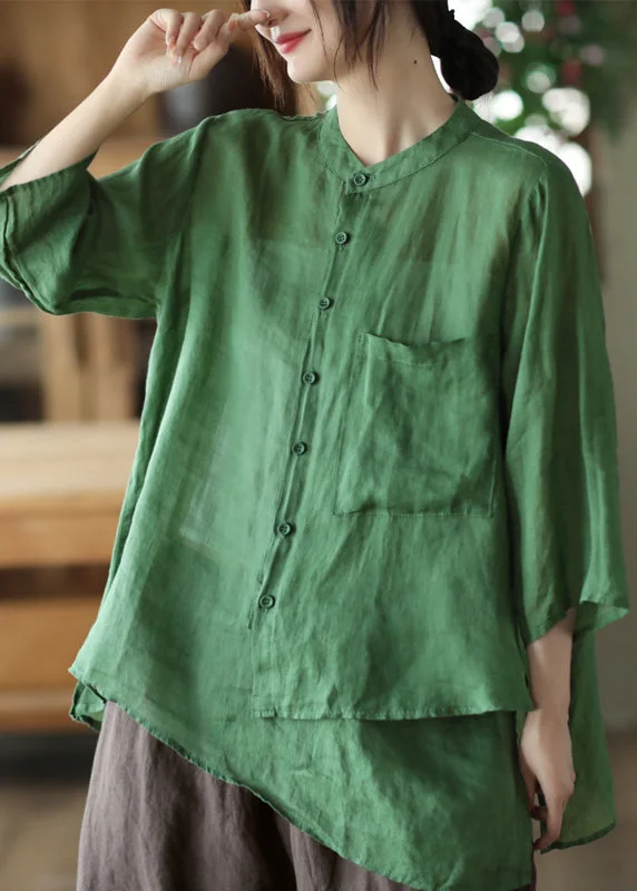 Luxury ShirtsVintage Green Stand Collar Pockets Button Linen Shirt Summer