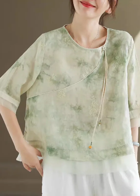 Asymmetrical ShirtsVintage Light Green O Neck Tasseled Embroidered Linen Shirts Summer