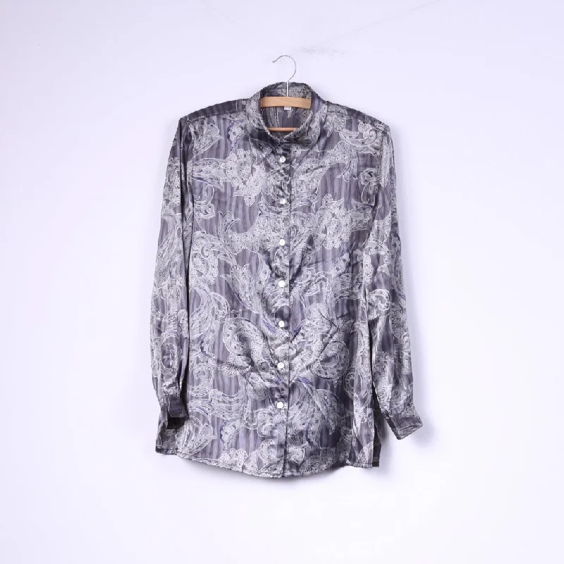 Polka Dot ShirtsVintage Women 12 38 Casual Shirt Gray Shiny Shoulder Pads Baroque Print Top