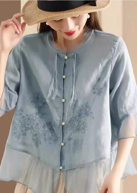 Rainproof ShirtsWomen Blue Embroidered Tulle Patchwork Linen Shirt Summer