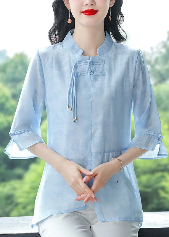 Pocket ShirtsWomen Blue Stand Collar Tasseled Patchwork Linen Shirt Summer