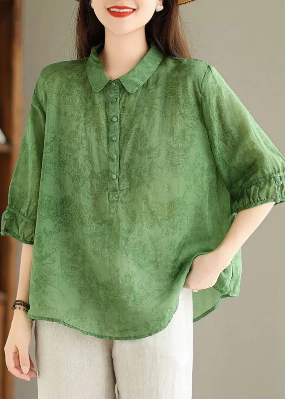 College ShirtsWomen Green Button Print Linen Shirt Summer