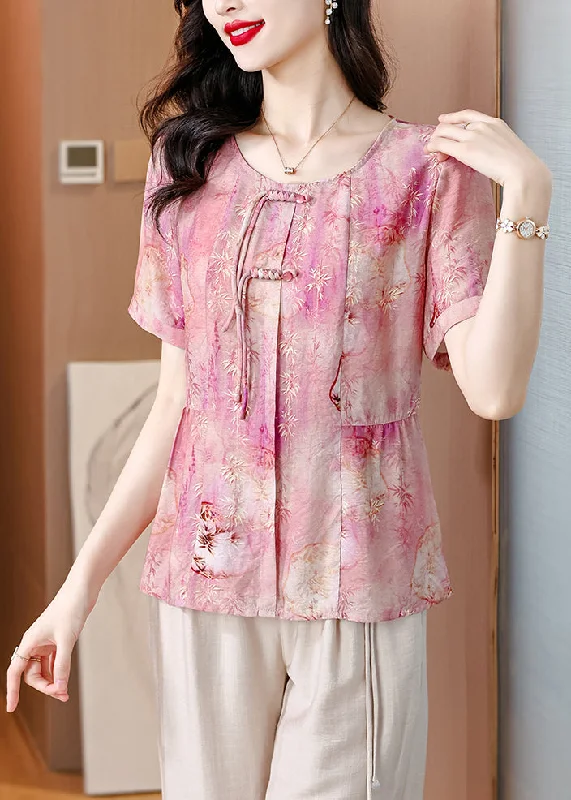 Organic Cotton ShirtsWomen Pink O-Neck Tasseled Print Linen Shirt Summer