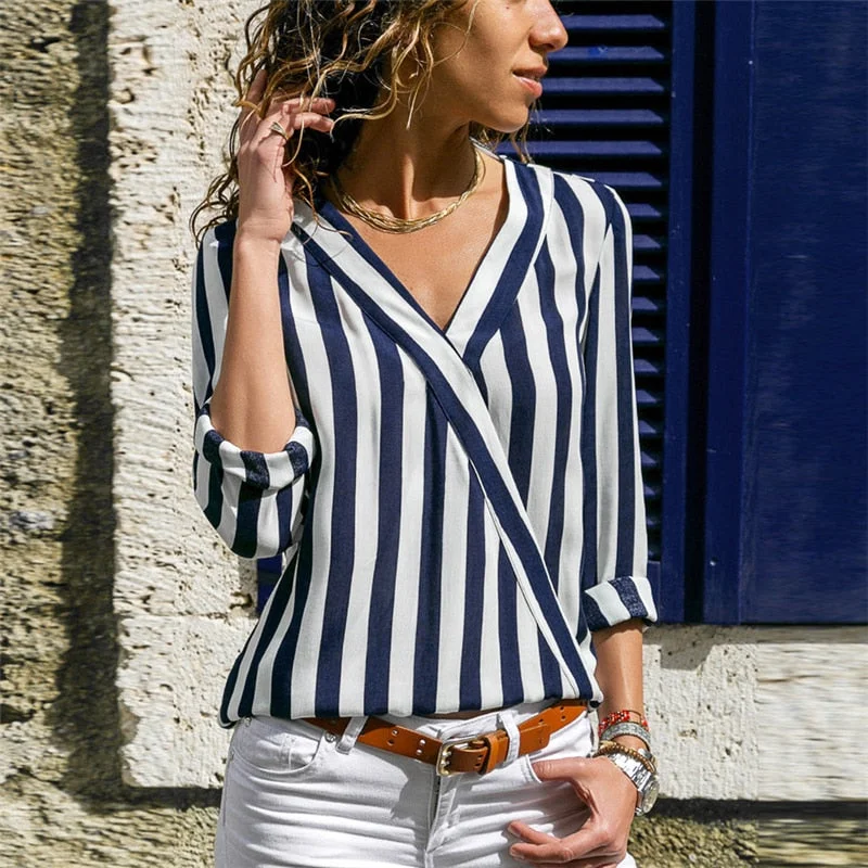 Dress ShirtsWomen Striped Blouse Shirt Long Sleeve Blouse V