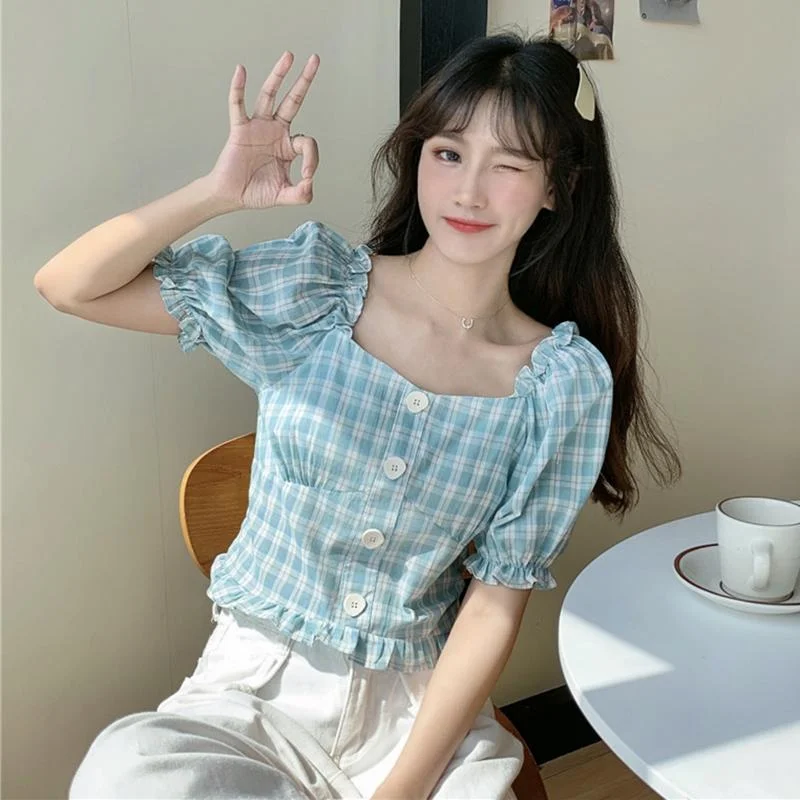 Festival ShirtsWomen's Cute Square Collar Slim-cut Plaid Shirts