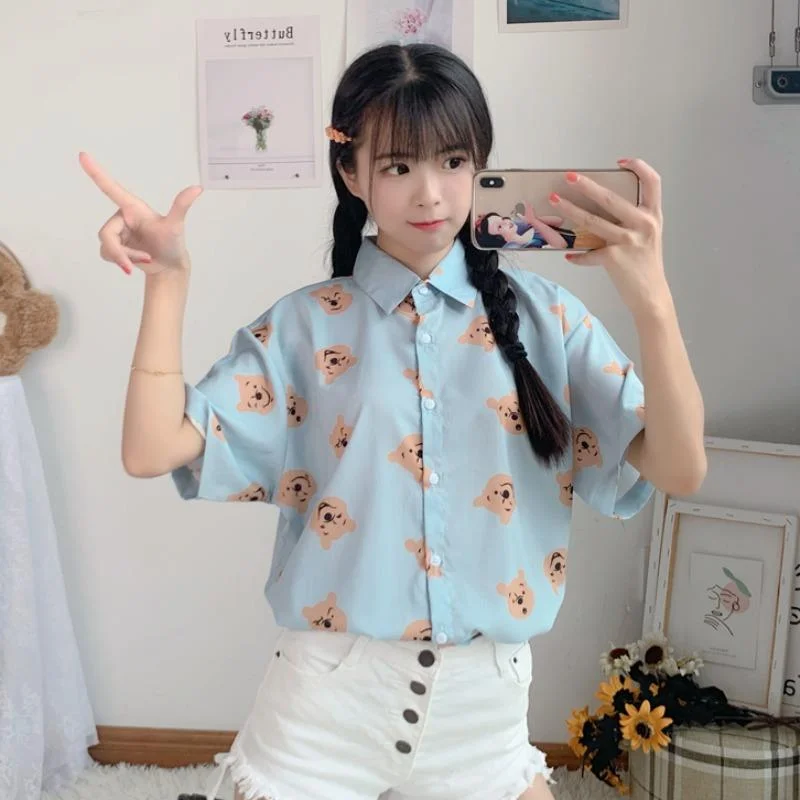 Slim Fit ShirtsWomen's Harajuku Bear Printed Loose Shirts