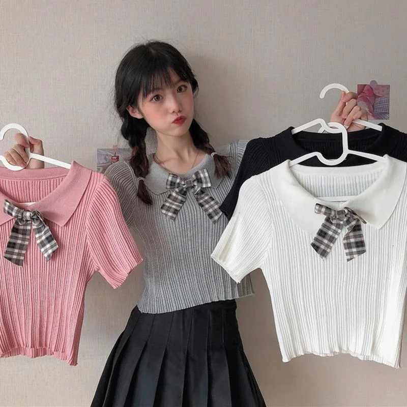 Organic Cotton ShirtsWomen's Harajuku Bowknot Slim Fitted Kintted Shirts