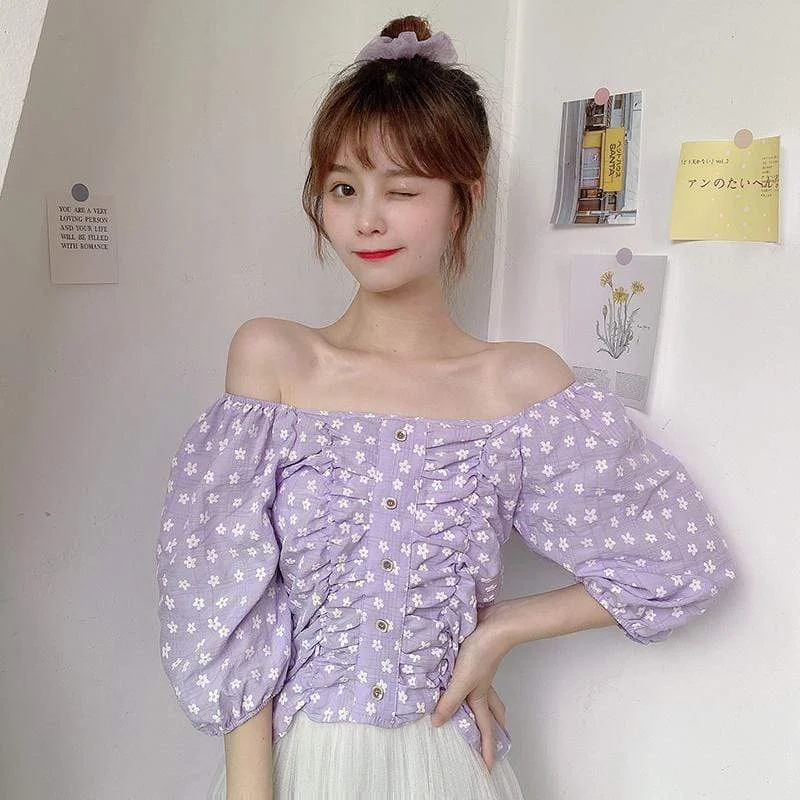 Compression ShirtsWomen's Harajuku Off Shoulder Shirring Floral Shirts