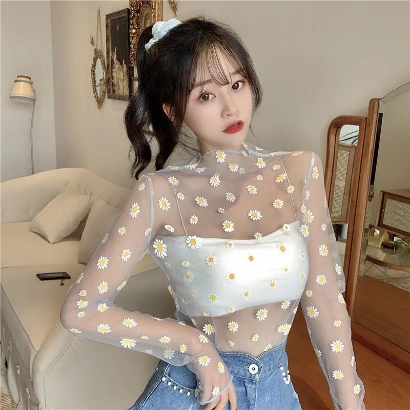 Studded ShirtsWomen's Kawaii Daisy Printed Gauze Spliced Shirts