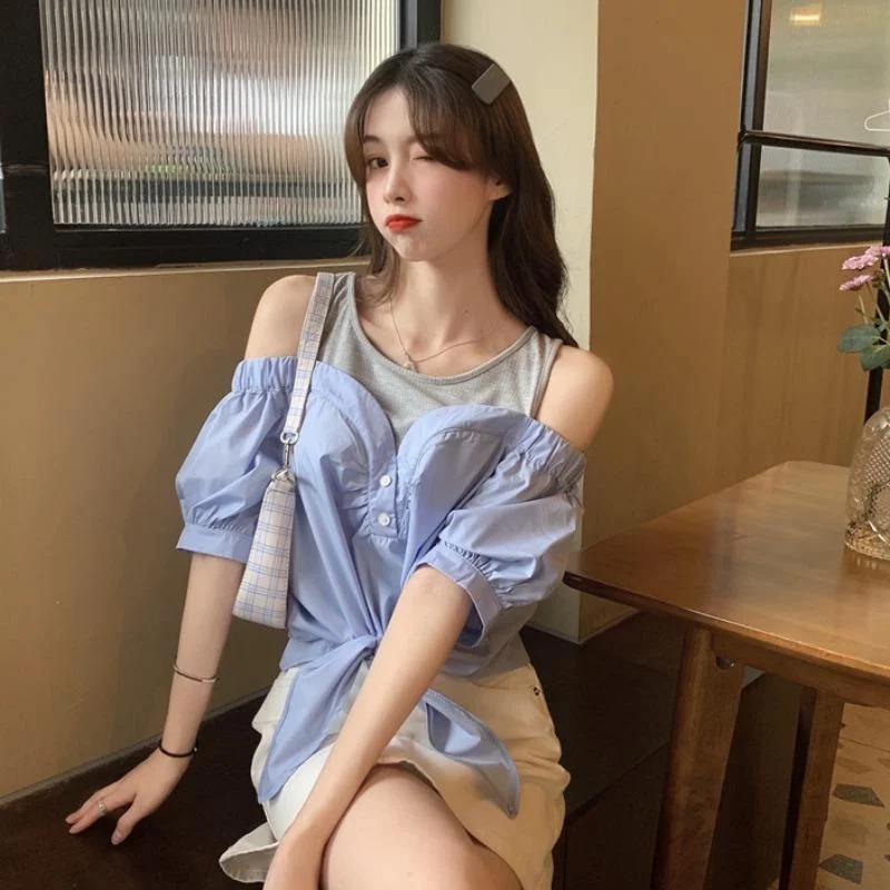 Lounge ShirtsWomen's Kawaii Off-the-shoulder False Two Pieces Shirts