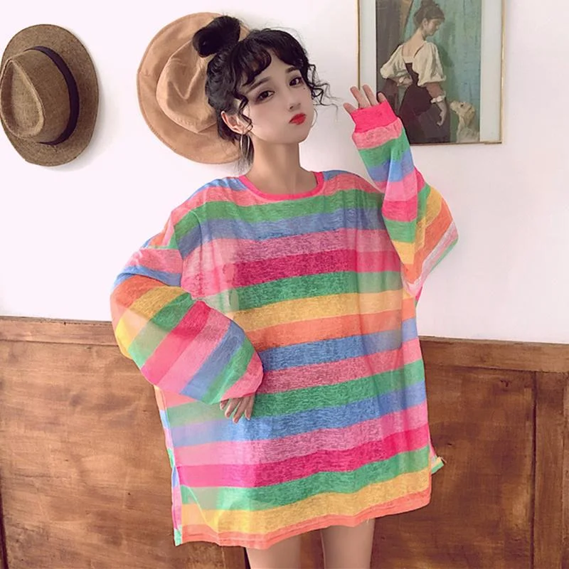 Hip-Hop ShirtsWomen's Rainbow Stripes Loose Shirts